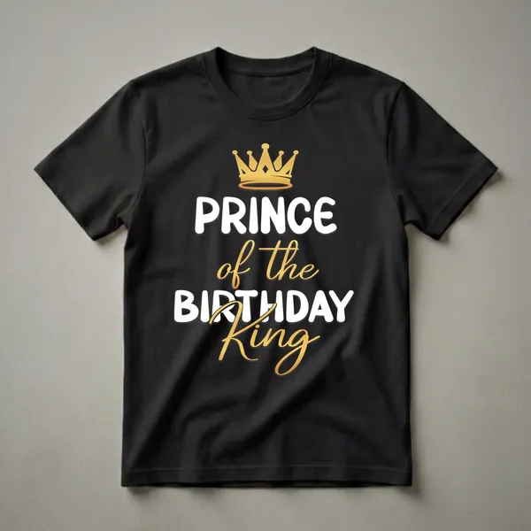 Black t-shirt with a golden crown graphic and white and gold text that reads 'PRINCE of the BIRTHDAY King'.