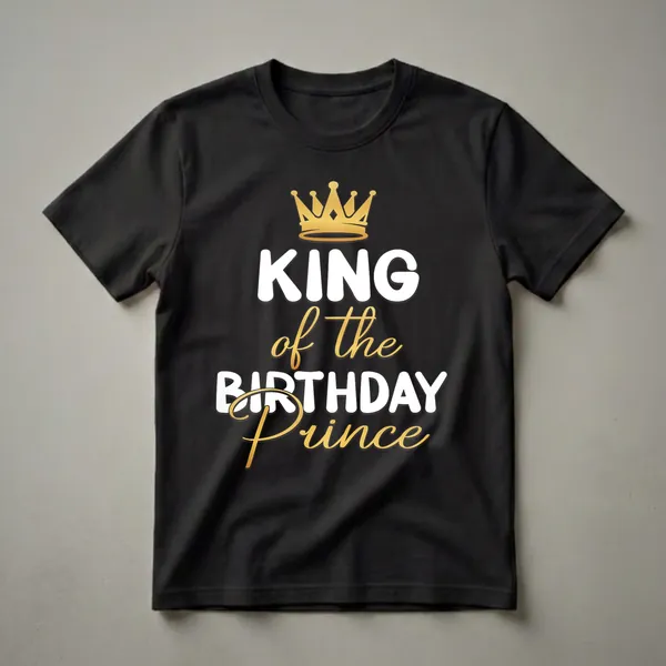 Black t-shirt with a golden crown graphic and white and gold text that reads 'KING of the BIRTHDAY Prince'.