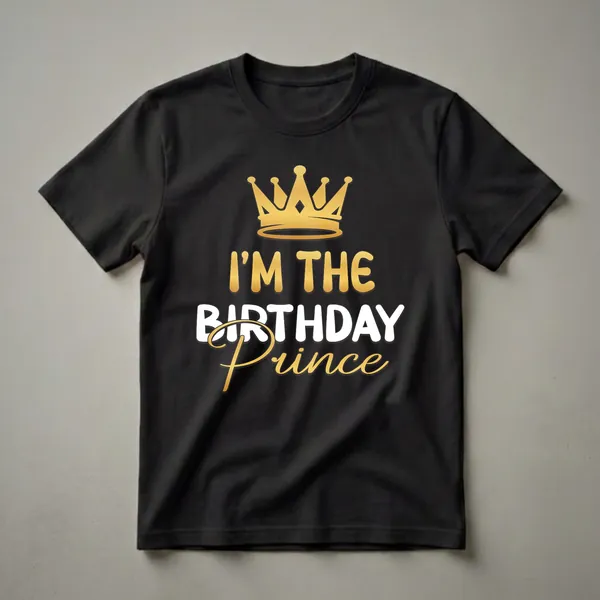 Black t-shirt with a golden crown graphic and the text 'I'M THE BIRTHDAY Prince' in gold and white lettering.