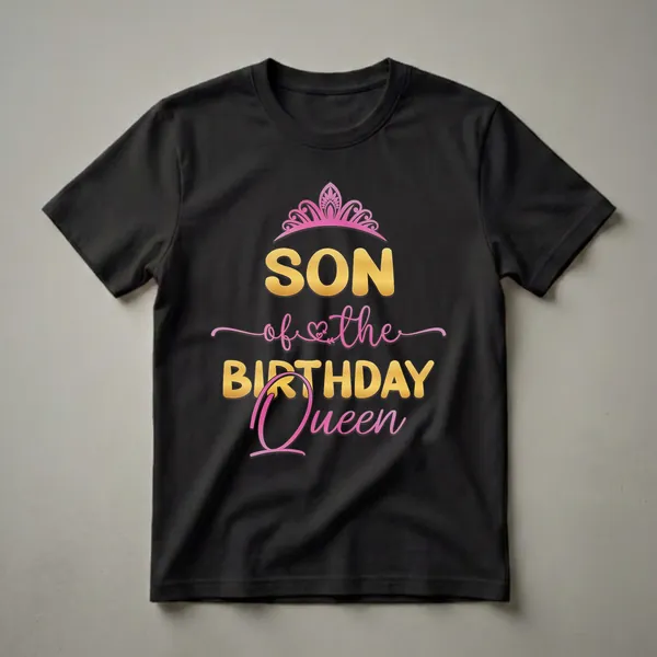 Black t-shirt with gold lettering that reads 'SON of the BIRTHDAY Queen' and a pink crown graphic above the text.