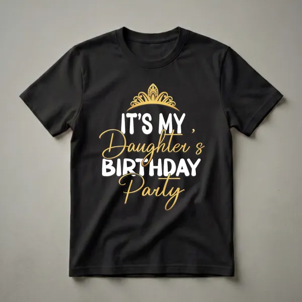 Black t-shirt with white and gold text that reads 'IT'S MY DAUGHTER'S BIRTHDAY PARTY' and a gold crown graphic.