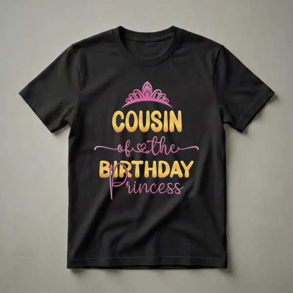 Black t-shirt with a pink crown graphic and gold text that reads 'COUSIN of the BIRTHDAY princess'.