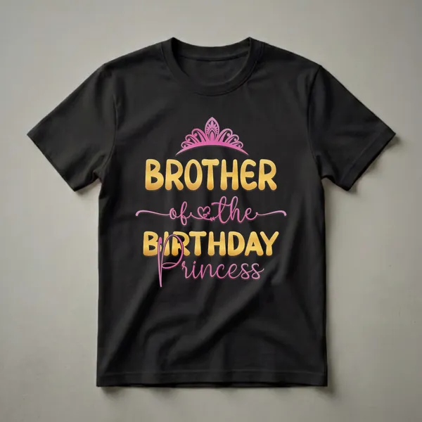 Black t-shirt with gold and pink text that reads 'Brother of the Birthday Princess' and a pink tiara graphic.