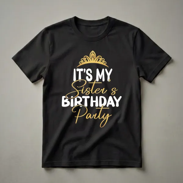 Black t-shirt with white and gold text that reads 'IT'S MY SISTER'S BIRTHDAY PARTY' and a golden crown graphic above.