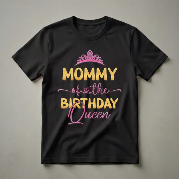 Black t-shirt with gold lettering that reads 'MOMMY of the BIRTHDAY Queen' and a pink crown graphic above.