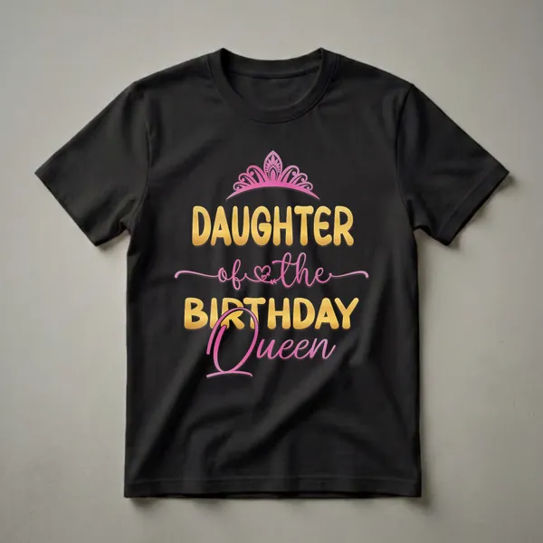 Black t-shirt with pink crown and gold text reading 'Daughter of the Birthday Queen'.