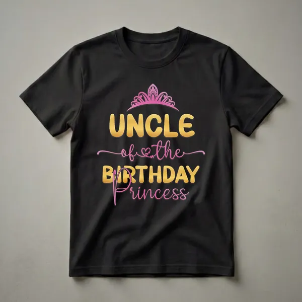 Black t-shirt with gold lettering that reads "UNCLE" and pink script that reads "of the Birthday Princess", topped with a pink tiara.