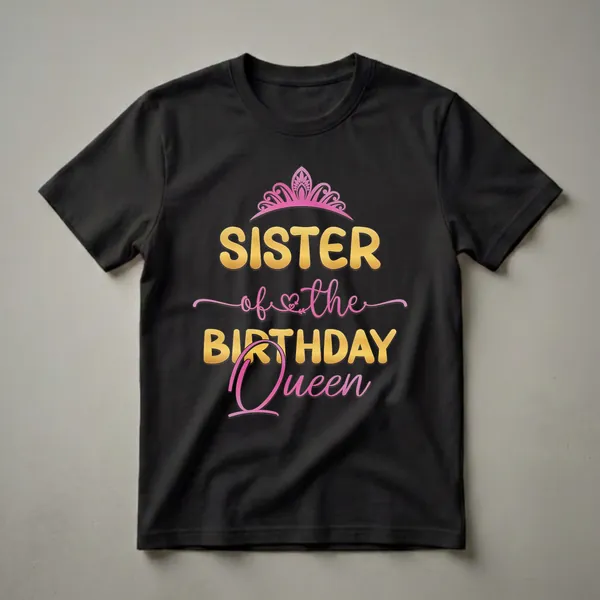 Black t-shirt with gold text 'SISTER of the BIRTHDAY Queen' and a pink crown graphic above.