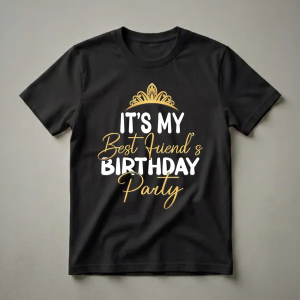 Black t-shirt with white and gold text that reads 'IT'S MY BEST FRIEND'S BIRTHDAY PARTY' and a golden crown graphic.