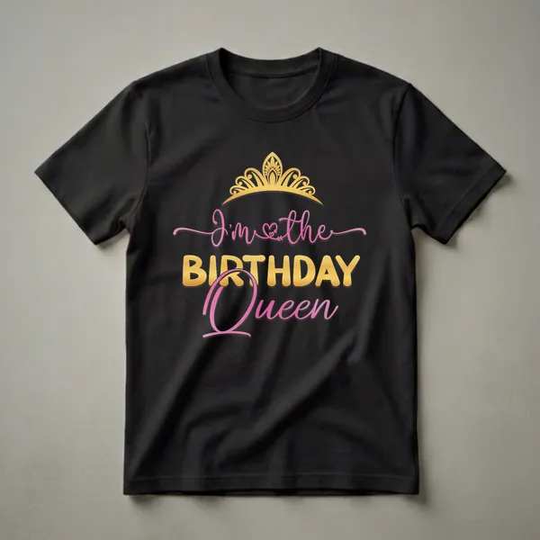 Black t-shirt with a golden crown graphic above pink and gold text that reads 'I'm the Birthday Queen'.