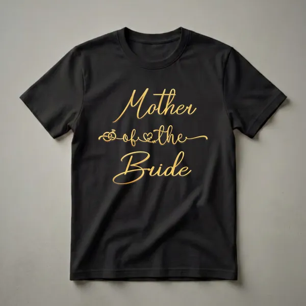 Black t-shirt with gold script text that reads 'Mother of the Bride', featuring a wedding ring and heart graphic.