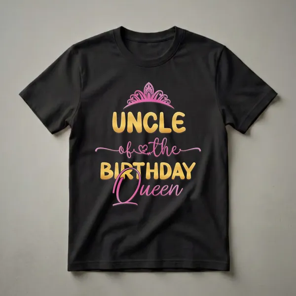 Black t-shirt with gold and pink text that reads "Uncle of the Birthday Queen" with a pink crown graphic.