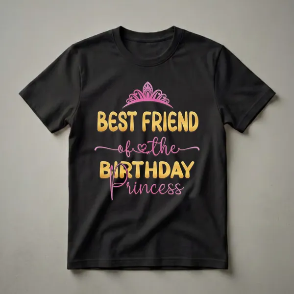 Black t-shirt with gold and pink text that reads 'BEST FRIEND of the Birthday Princess' and a pink crown graphic.