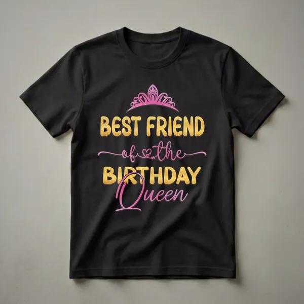 Black t-shirt with gold and pink text that reads 'BEST FRIEND of the BIRTHDAY Queen' and a pink crown graphic.