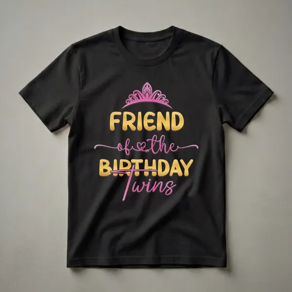 Black t-shirt with a pink tiara graphic and gold and pink text that reads 'FRIEND of the BIRTHDAY TWINS'.