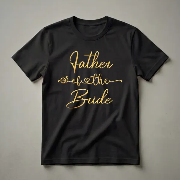 Black t-shirt with gold script text reading 'Father of the Bride' and featuring a wedding ring and heart graphic.