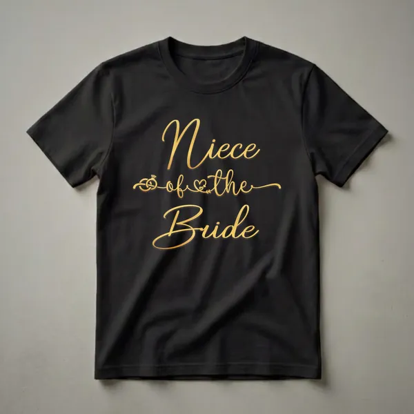 Black t-shirt with gold script text that reads 'Niece of the Bride' and includes a graphic of a wedding ring and a heart.