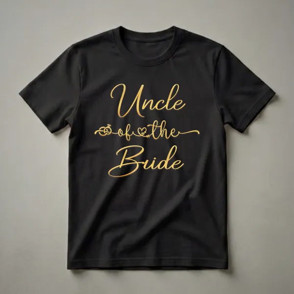 Black t-shirt with gold script text that reads 'Uncle of the Bride', featuring intertwined wedding rings and a heart graphic.