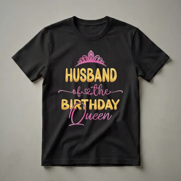 Black t-shirt with gold text that reads 'HUSBAND of the BIRTHDAY Queen' and a pink crown graphic.