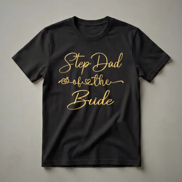 Black t-shirt with gold script text that reads "Step Dad of the Bride" and includes graphics of wedding rings and a heart.