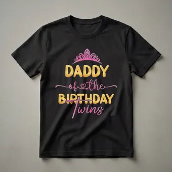 Daddy Of The Birthday Twins Gold and Pink Graphic T-Shirt