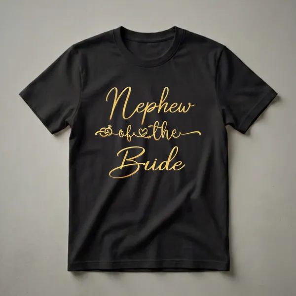 Black t-shirt with gold script text reading 'Nephew of the Bride' and featuring a graphic of a wedding ring with a crown and a heart with arrows.