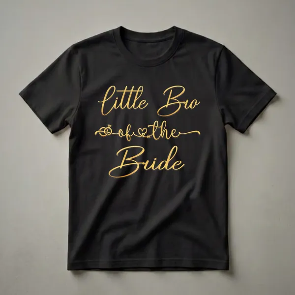 Black t-shirt with gold script text that reads 'little Bro of the Bride', featuring a wedding ring and heart graphic.