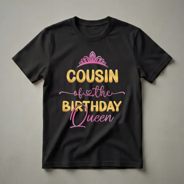 Black t-shirt with gold and pink text that reads 'Cousin of the Birthday Queen' and a pink crown graphic.