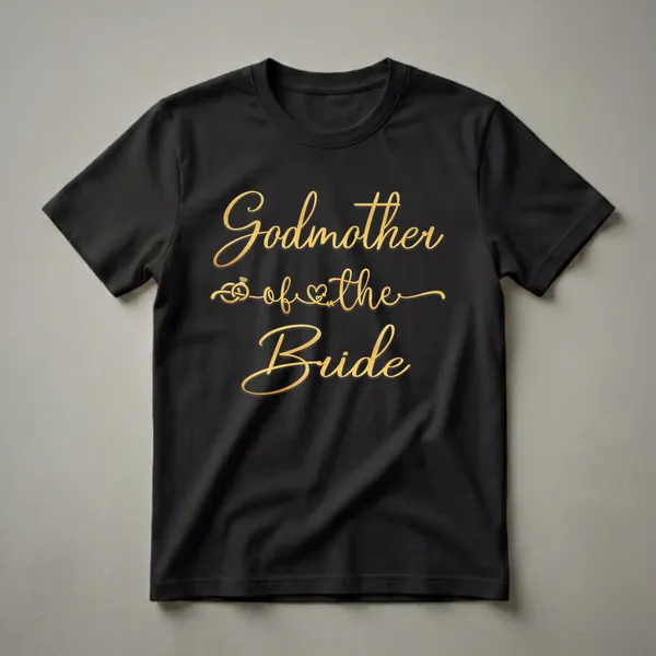 Black t-shirt with "Godmother of the Bride" in elegant gold script, accompanied by wedding ring and heart graphics.