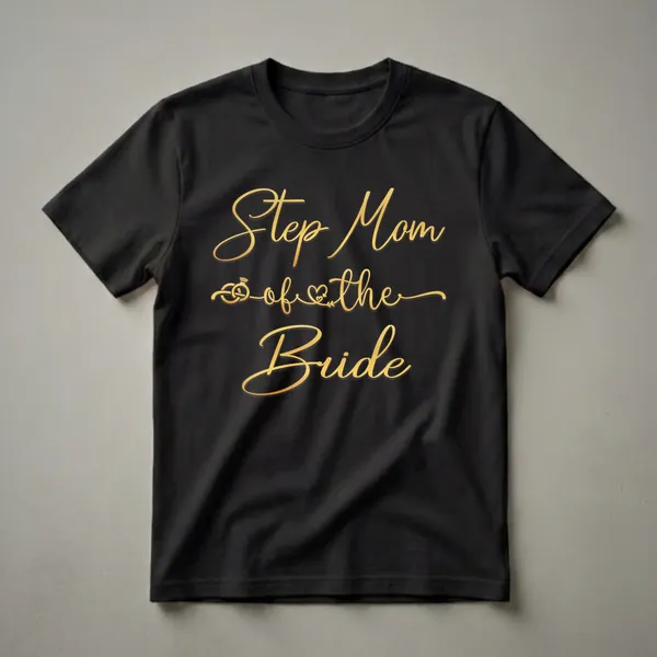 Black t-shirt with gold script text that reads 'Step Mom of the Bride' and includes a graphic of intertwined wedding rings and a heart.