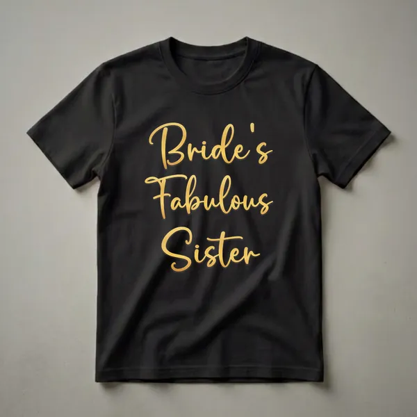 Black t-shirt featuring elegant gold script text that reads 'Bride's Fabulous Sister', perfect for wedding celebrations.