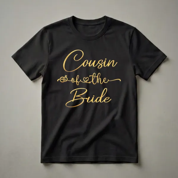Black t-shirt with gold script text that reads 'Cousin of the Bride' and includes a graphic of a wedding ring and heart.