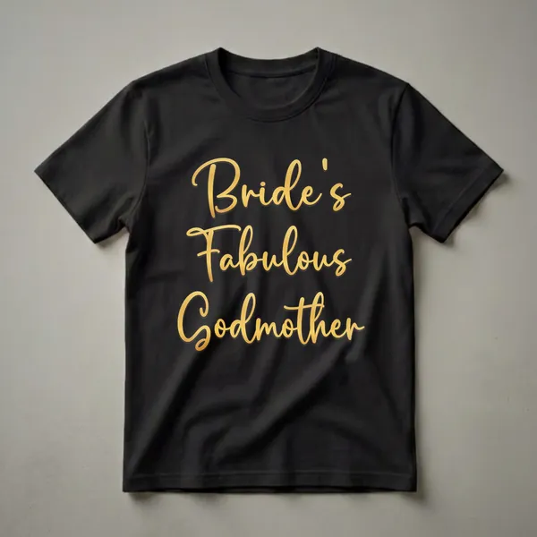 Black t-shirt with 'Bride's Fabulous Godmother' written in elegant gold script font.