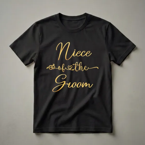 Black t-shirt with gold script text reading 'Niece of the Groom' and graphics of wedding rings and a heart with an arrow.