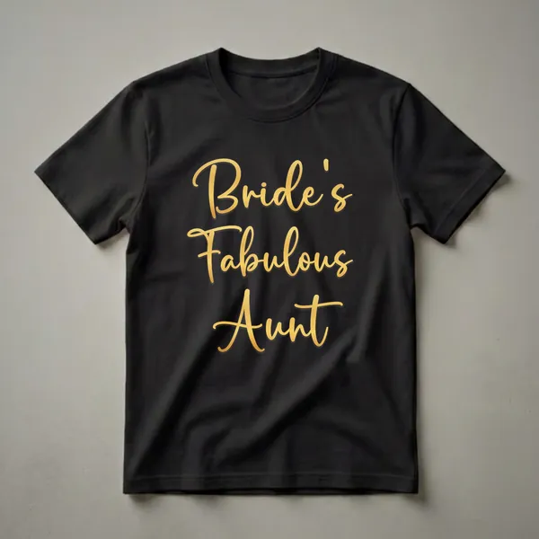 Black t-shirt featuring elegant gold script text that clearly reads "Bride's Fabulous Aunt", perfect for wedding celebrations.