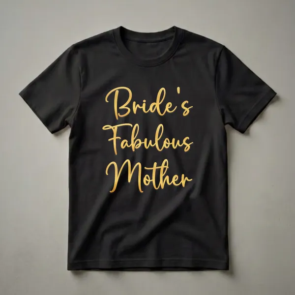 Black t-shirt with 'Bride's Fabulous Mother' written in elegant gold script font.