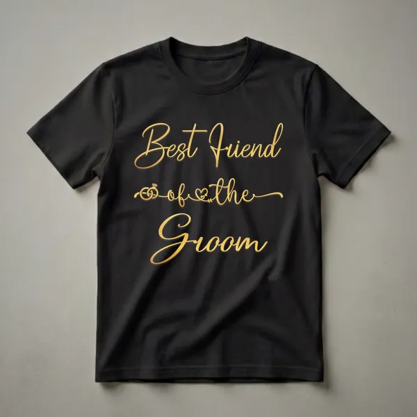 Black t-shirt with gold script text reading 'Best Friend of the Groom' and featuring a graphic of wedding rings and a heart.