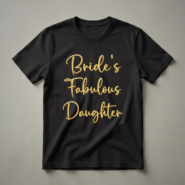 Black t-shirt with the words 'Bride's Fabulous Daughter' printed in a shimmering gold script font.