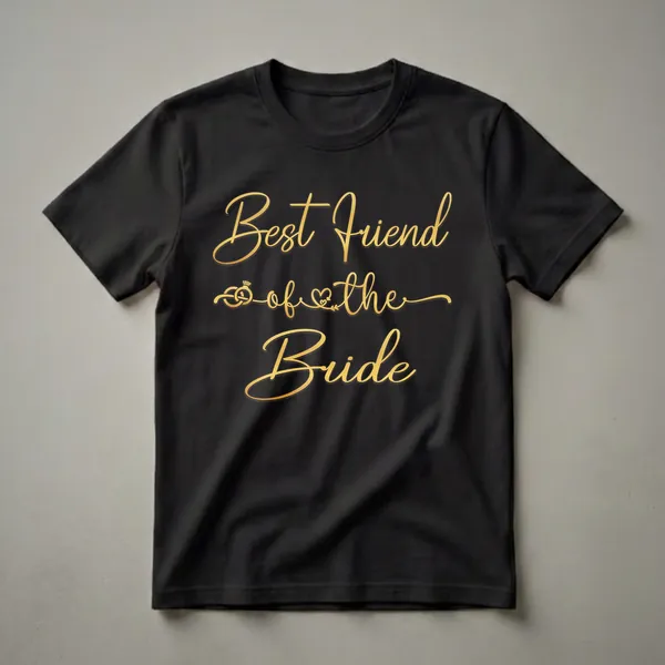 Black t-shirt with gold script text reading 'Best Friend of the Bride' and featuring a wedding ring and heart graphic.