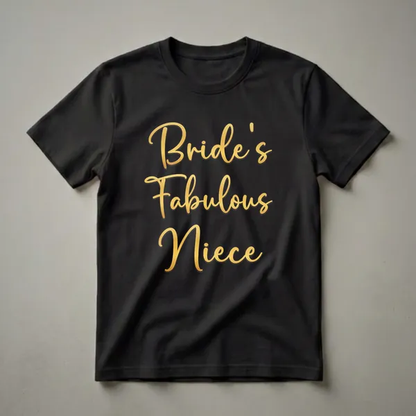 Black t-shirt featuring elegant gold script text that clearly reads 'Bride's Fabulous Niece', perfect for wedding celebrations.