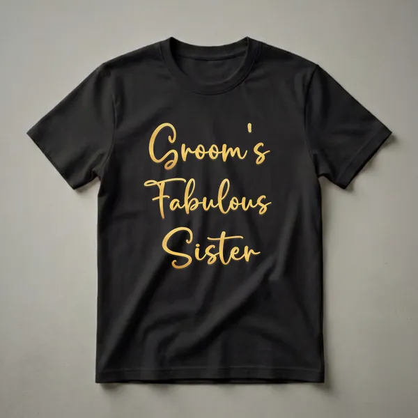 Black t-shirt featuring elegant gold script text that clearly reads 'Groom's Fabulous Sister', suitable for wedding party events.