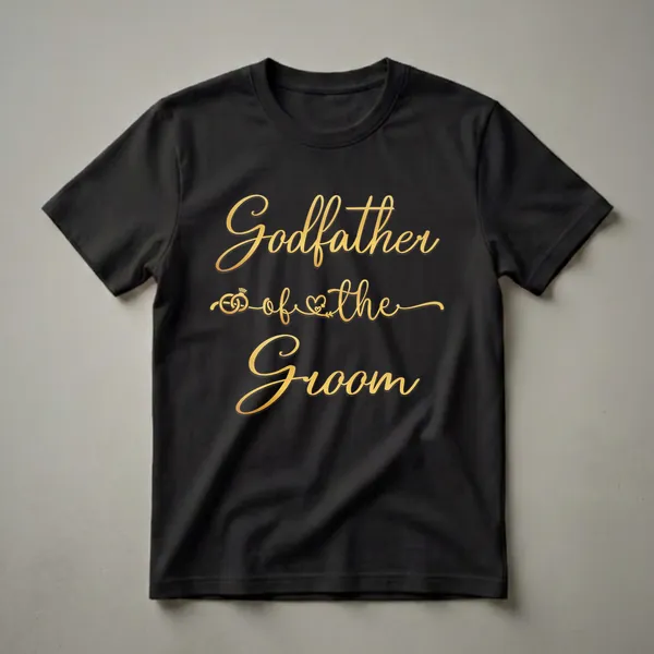Black t-shirt with gold script text that reads 'Godfather of the Groom', featuring wedding rings and a heart graphic.
