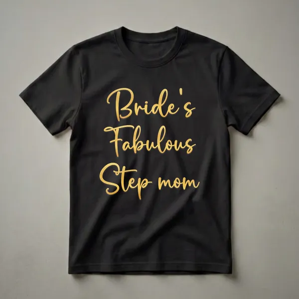 Black t-shirt with the words 'Bride's Fabulous Step mom' printed in elegant, flowing gold script font.