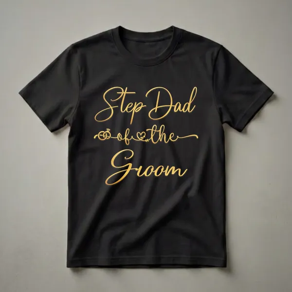 Black t-shirt with gold script text reading 'Step Dad of the Groom' and graphics of wedding rings and a heart.