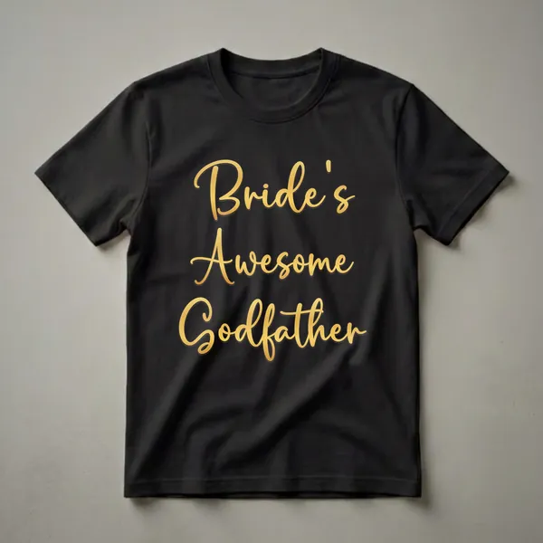 Black t-shirt featuring elegant gold script text that clearly reads 'Bride's Godfather', suitable for wedding party attire.