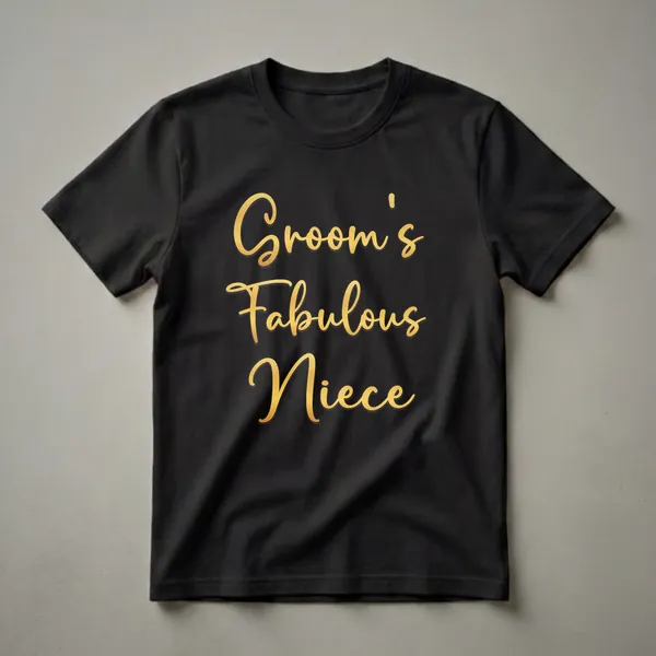 Black t-shirt with the words 'Groom's Fabulous Niece' printed in elegant, shimmering gold script font.