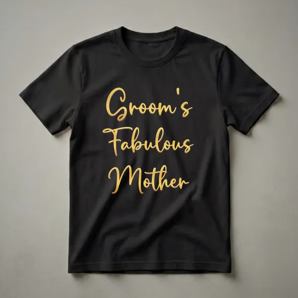 Black t-shirt with "Groom's Fabulous Mother" written in elegant, shimmering gold script font.