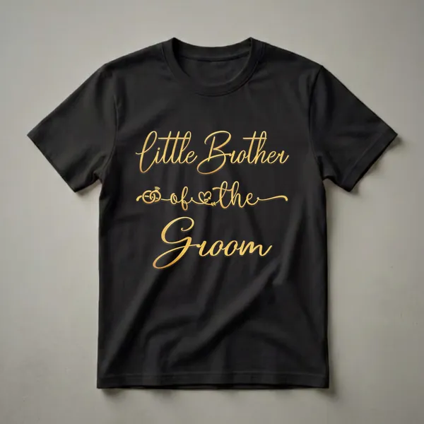 Black t-shirt with gold script text reading 'Little Brother of the Groom' and graphics of wedding rings and a heart.