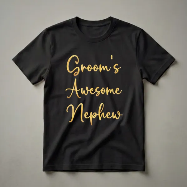 Black t-shirt with gold script text that reads 'Groom's Nephew' stacked in three lines.