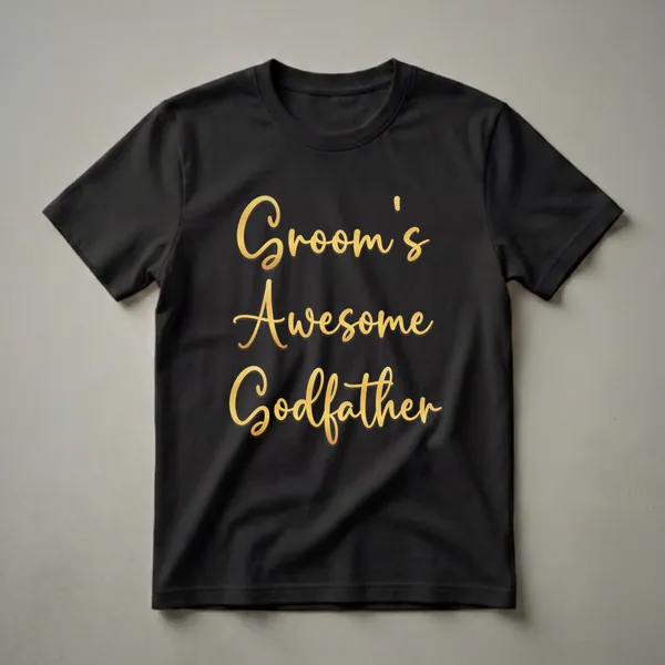 Black t-shirt with elegant gold script text clearly reading 'Groom's Godfather', suitable for wedding celebrations.